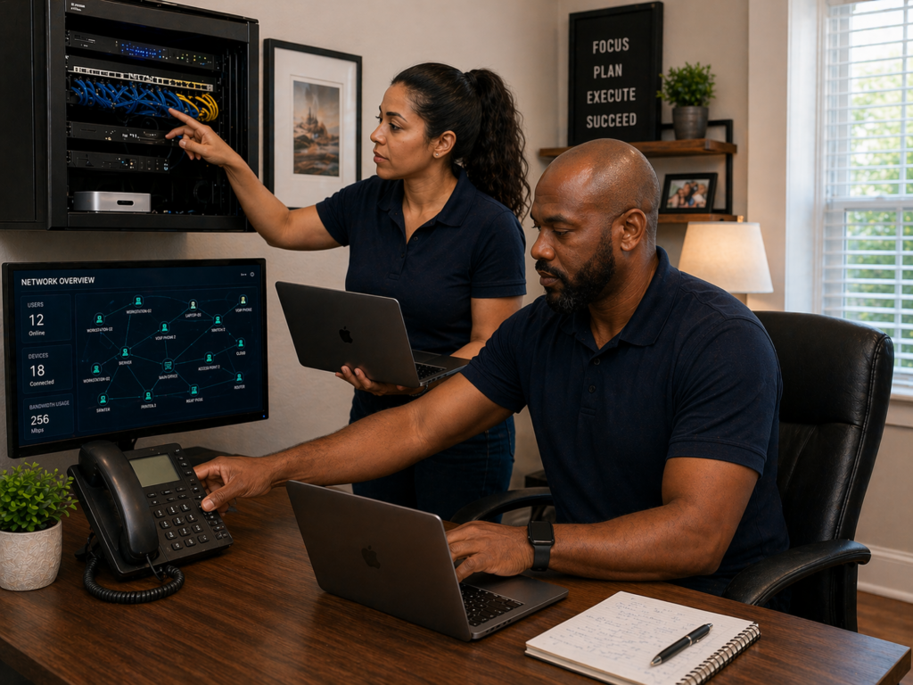 collaborating in a tech workspace