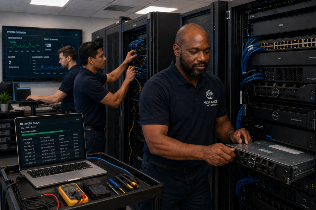 technicians at work in server room